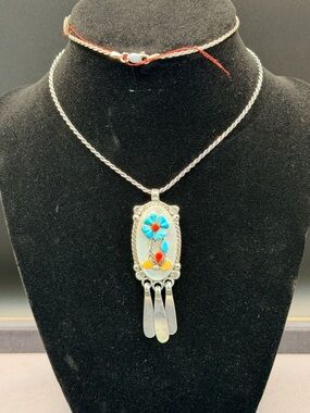 Vintage Zuni Simplicio 925 Sterling Inlay Pendant Turquoise Coral Necklace
